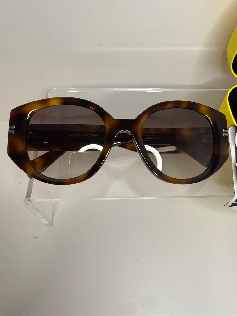Marc Jacobs Tortoiseshell Brown Oval Sunglasses with Yellow-Trim Case